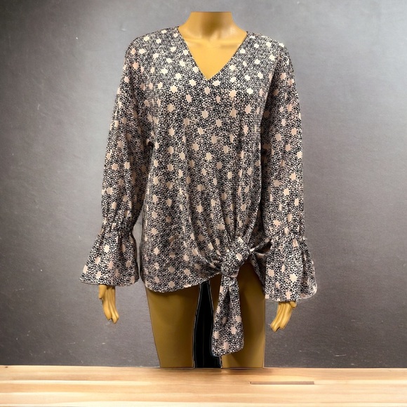 Y2K Juicy Couture Pink Black Blossom Rain Tie Front V Neck Top Blouse Medium - Picture 11 of 11